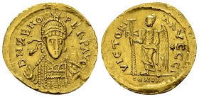 Zeno AV Solidus, Constantinopolis mint 

Zeno (second reign, 476-491 AD). AV Solidus (20-21 mm, 4.42 g), Contantinopolis, c. 480-491 AD.
Obv. D N Z...