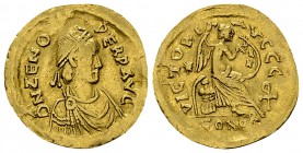 Zeno AV Semissis, Constantinopolis mint 

Zeno (476-491 AD). AV Semissis (17-18 mm, 2.20 g), Constantinopolis mint.
Obv. D N ZENO PERP AVG, pearl-d...