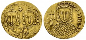 Constantine V Copronymus AV Solidus, Constantinopolis mint 

Constantine V Copronymus, with Leo IV and Leo III (750-756 AD). AV Solidus (19-20 mm, 4...