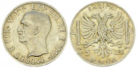 Albania, AR 5 Lek 1939 R 

Albania. Vittorio Emanuele III. AR 5 Lek 1939 R (5.00 g), Roma.
Montenegro 485.

SPL a FDC.