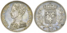 Henri V, AR 5 Francs 1831, rare 

France, Henri V. AR 5 Francs 1831 (37 mm, 24.61 g), Bruxelles.
Av. HENRI V ROI DE FRANCE, Buste à gauche d'Henri ...