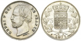 Henri V, AR Essai de 5 Francs 1871, très rare 

France. Henri V. AR Essai de 5 francs 1871 (38 mm, 26.70 g), Bruxelles.
Av. HENRI V ROI DE FRANCE, ...