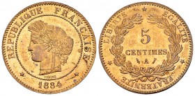 France, CU 5 Centimes 1884 A, Paris 

France, 3ème République. CU 5 Centimes 1884 A (25 mm, 5.00 g), Paris.
Gad. 157a.

Magnifique exemplaire. FD...