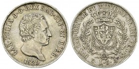 Sardegna, AR 5 Lire 1829 P 

Sardegna. Carlo Felice (1821-1831). AR 5 Lire 1829 (24.73 g), Genova.
 Pagani 74; Dav. 135.

Buon BB.