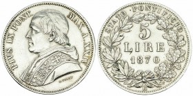 Pius IX, AR 5 Lire 1870 R 

Stato Pontificio. Pius IX. AR 5 Lire 1870/XXIV R (38 mm, 24.99 g).
Mont. 362.

SPL.