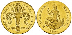 Firenze, AV Ruspone 1800 

Firenze. Ferdinando III di Lorena, primo periodo (1790-1801). AV Ruspone 1800 (27 mm, 10.46 g).
Dr. Giglio.
Rv. S. Giov...