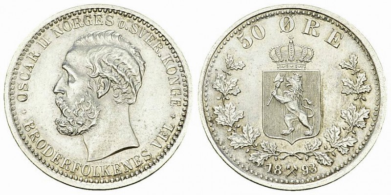 Norway AR 50 Ore 1893 

Norway. Oscar II. AR 50 Ore 1893 (5.00 g).
KM 356.
...