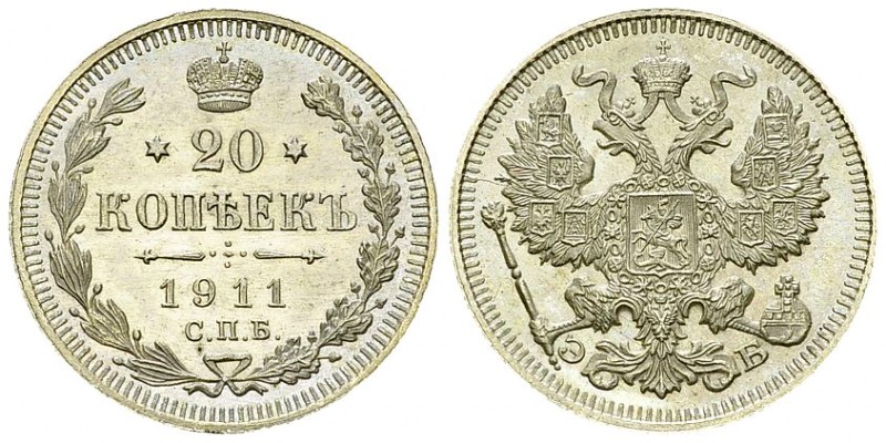 Russia AR 20 Kopecks 1911 

Russia. AR 20 Kopecks 1911 (3.62 g), St. Petersbur...