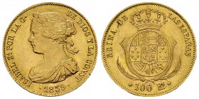 Isabella II AV 100 Reales 1859 

Spain. Isabella II. (1833-1868). AV 100 Reales 1859 (22 mm, 8.38 g), 8-pointed star.
KM 605.1.

Uncirculated.