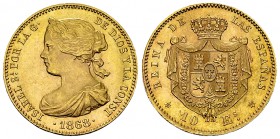 Isabella II AV 10 Escudos 1868 

Spain. Isabella II. (1833-1868). AV 10 Escudos 1868 (73) (22 mm, 8.37 g), 6-pointed star.
KM 636.3.

Almost unci...