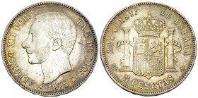 Spain, AR 5 Pesetas 1885 

Spain. Alfonso XII. AR 5 Pesetas 1885 (24.95 g).
KM 688.

Nicely toned and extremely fine.