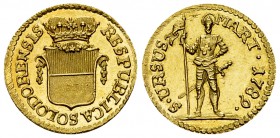 Solothurn, AV Viertelduplone 1789 

Schweiz. Solothurn, Stadt. AV 1/4 Duplone 1789 (17 mm, 1.89 g).
HMZ 2-843a; DT 675.

Prachtexemplar. FDC.