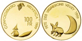 Schweiz, AV 100 Franken 1999 

Schweiz, Eidgenossenschaft. AV 100 Franken 1999 (22.58 g), Fête des Vignerons.
KM 88.

In Originaletui mit Zertifi...