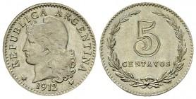 Argentina CU-Ni 5 Centavos 1912 

Argentina, Republic. CU-NI 5 Centavos 1912 (2.01 g).
 KM 34. 

Brillant uncirculated.
