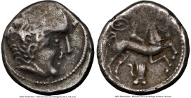 CENTRAL GAUL. Bituriges. Ca. 100-50 BC. AR drachm (16mm, 12h). NGC Choice Fine. Male head right, hair formed of large Aquitane locks; beaded border / ...