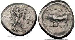 LUCANIA. Poseidonia. Ca. 470-420 BC. AR stater (19mm, 7.71 gm, 9h). NGC VF 5/5 - 3/5, brushed. ΠΟΣEI, Poseidon striding right, nude but for chlamys sp...