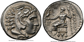 MACEDONIAN KINGDOM. Alexander III the Great (336-323 BC). AR drachm (17mm, 4.26 gm, 2h). NGC AU 5/5 - 4/5, overstruck. Late lifetime or early posthumo...