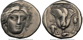 CARIAN ISLANDS. Rhodes. Ca. 340-316 BC. AR drachm (15mm, 3.34 gm, 12h). NGC VF 4/5 - 4/5. Head of Helios facing slightly right / POΔION, rose with sin...