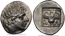 CARIAN ISLANDS. Rhodes. Ca. 88-84 BC. AR drachm (16mm, 11h). NGC Choice XF. Plinthophoric standard, Nicephorus, magistrate. Radiate head of Helios rig...