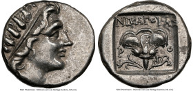 CARIAN ISLANDS. Rhodes. Ca. 88-84 BC. AR drachm (15mm, 1h). NGC XF. Plinthophoric standard, Nicagoras, magistrate. Radiate head of Helios right / NIKA...