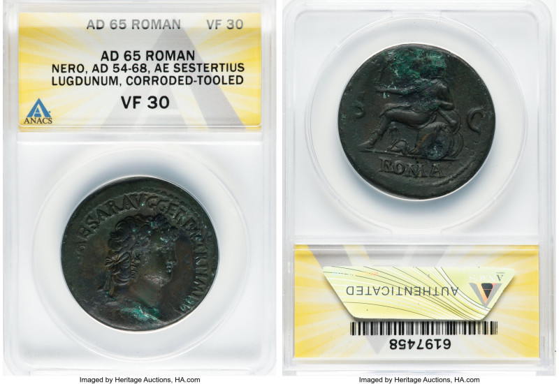 Nero, as Augustus (AD 54-68). AE sestertius (34 mm, 6h). ANACS VF 30. Lugdunum, ...