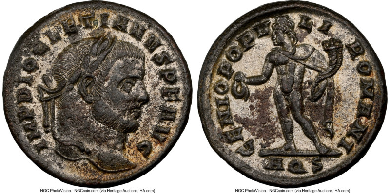 Diocletian (AD 284-305). BI follis or nummus (27mm, 6h). NGC AU, Silvering. Aqui...