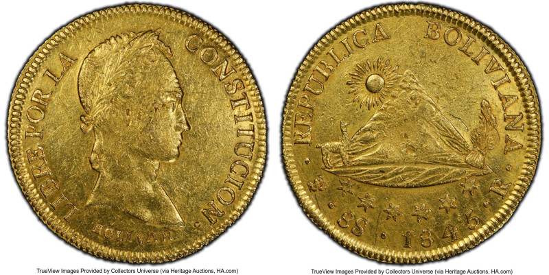 Republic gold 8 Scudos 1845 PTS-R AU Details (Cleaned) PCGS, Potosi mint, KM108....