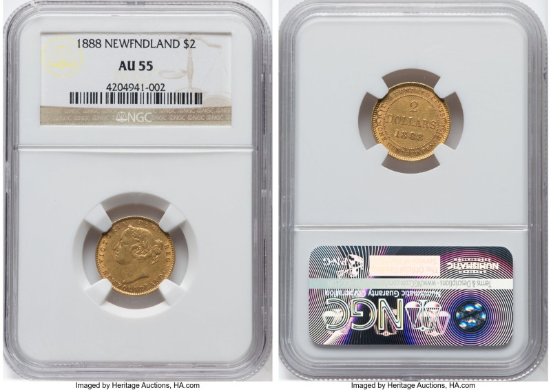 Newfoundland. Victoria gold 2 Dollars 1888 AU55 NGC, London mint, KM5, Fr-1. HID...