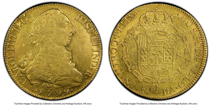 Charles IV gold 8 Escudos 1799 So-DA AU50 PCGS, Santiago mint, KM54, Cal-1765. H...