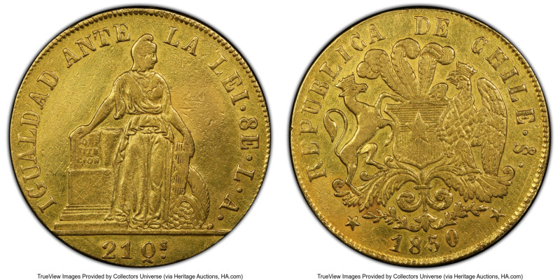 Republic gold 8 Escudos 1850 So-LA XF Details (Repaired) PCGS, Santiago mint, KM...