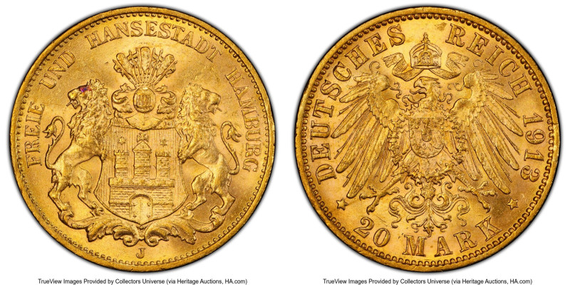 Hamburg. Free City gold 20 Mark 1913-J MS64 PCGS, Hamburg mint, KM618, Fr-3777, ...