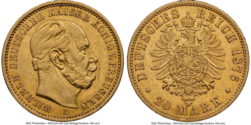 Prussia. Wilhelm I gold 20 Mark 1876-A AU58 NGC, Berlin mint, KM505, Fr-3816. HI...