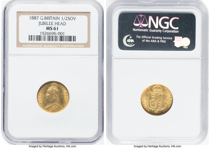 Victoria gold "Jubilee" 1/2 Sovereign 1887 MS61 NGC, KM766, S-3869. Jubilee head...