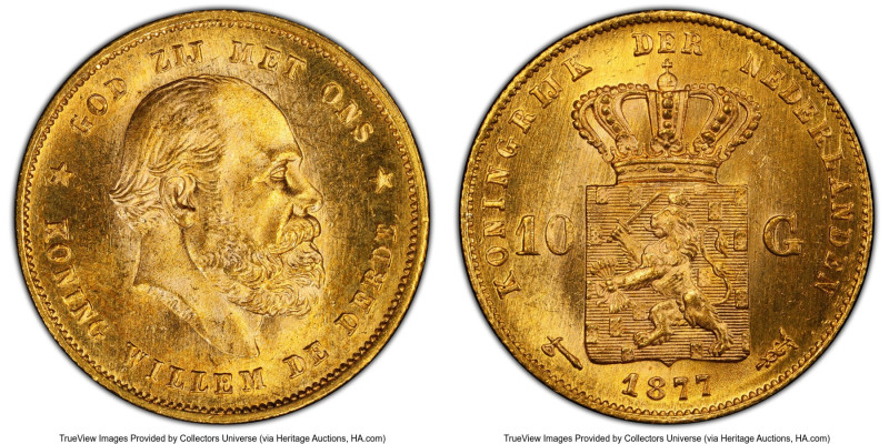 Willem III gold 10 Gulden 1877 MS65 PCGS, Utrecht mint, KM106, Fr-342. HID098012...