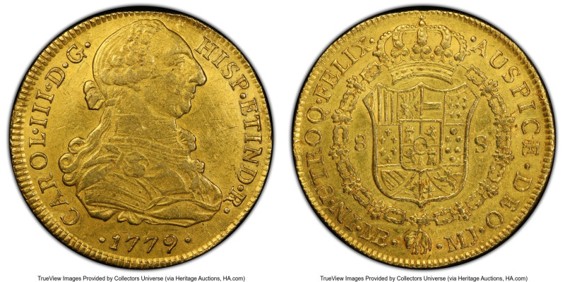 Charles III gold 8 Escudos 1779 LM-MJ AU Details (Scratch Dent) PCGS, Lima mint,...