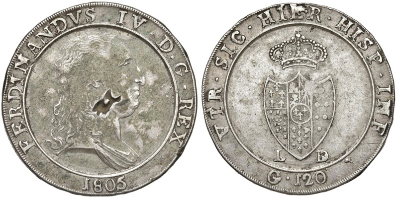 NAPOLI Ferdinando IV (1799-1805) Piastra 1805 - Nomisma 660 AG (g 27,43) Difetto...