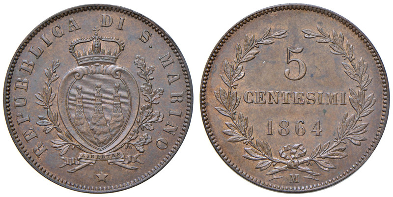 SAN MARINO 5 Centesimi 1864 - Gig. 37 CU (g 4,91)

Status: FDC