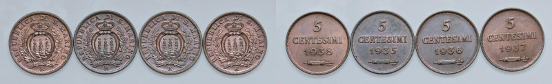 SAN MARINO - 5 Centesimi 1935, 1936, 1937 e 1938 - CU Lotto di quattro monete co...