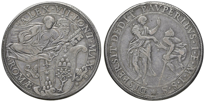 Alessandro VII (1655-1667) Piastra - Munt. 7 AG (g 31,77) RR San Pietro con nimb...