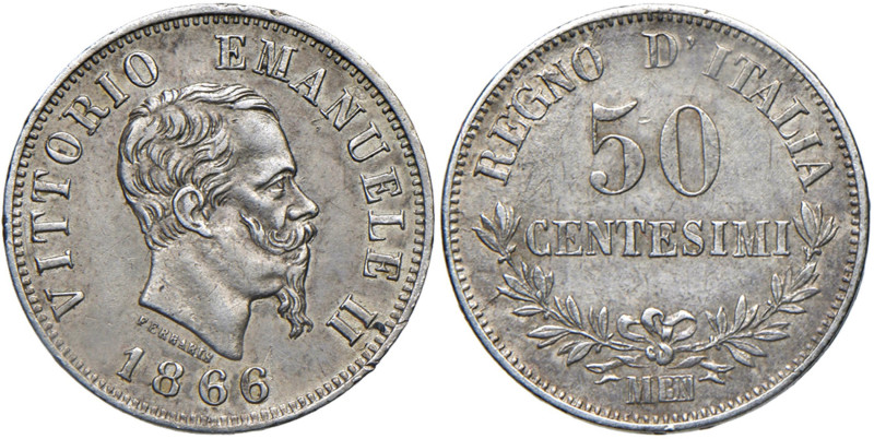 Vittorio Emanuele II (1861-1878) 50 Centesimi 1866 M - Nomisma 928 AG R

Statu...