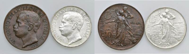 Vittorio Emanuele III (1900-1946) 2 Lire 1911 Cinquantenario - Nomisma 1162 AG L...