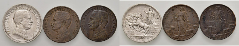 Vittorio Emanuele III (1900-1946) 2 Lire 1917, 5 Centesimi 1912, 1913 - Lotto di...