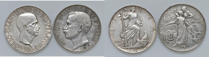 Vittorio Emanuele III (1900-1946) Lotto di due monete: 10 lire 1936, 2 lire 1911...