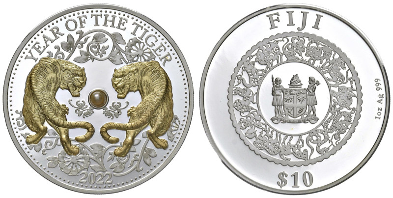 FIJI 10 Dollari 2022 Year of the tiger - AG placcato oro con perla di acqua dolc...