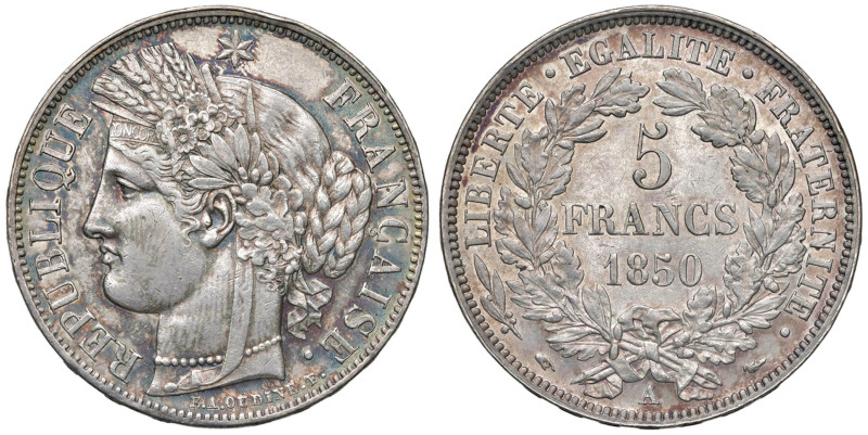 FRANCIA 5 Franchi 1850 A - KM 761.1; Gad. 719 AG (g 24,92) Bella patina. Colpett...