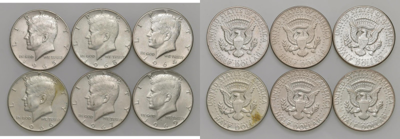 USA Lotto di sei mezzi dollari Kennedy dal 1964 a 1969, come da foto da esaminar...