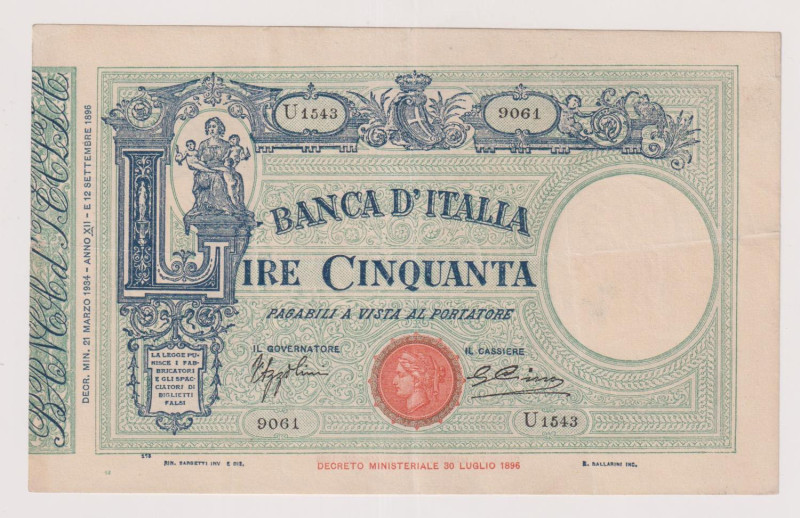 Banca d’Italia 50 Lire Matrice (Fascio) del 21/03/1934 U1543 9061. Rif. Gig. BI ...