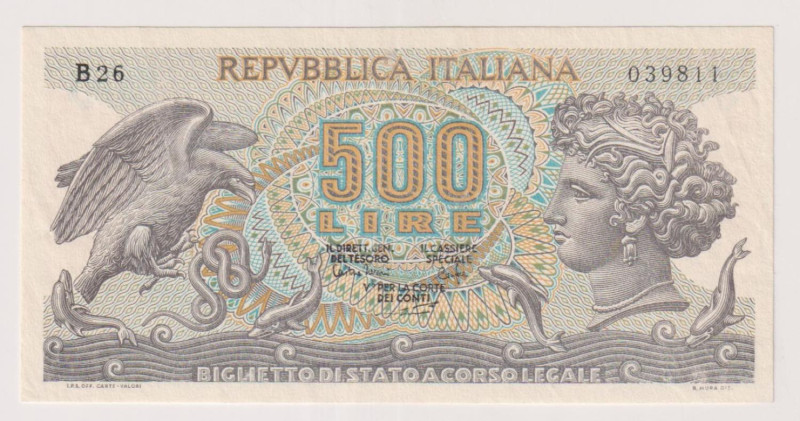 Biglietto di Stato 500 Lire Aretusa serie B26 del 23/04/1975 - B26 039811. Rif. ...