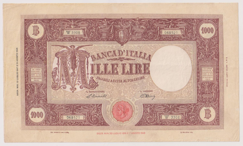 Banca d’Italia 1000 Lire Grande "M" (B.I.) del 12/07/1947 - W3308 068521. Piccol...