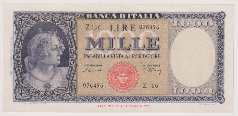 Banca d’Italia 1000 Lire Italia (Medusa) del 20/03/1947 - Z106 076496. Leggere m...